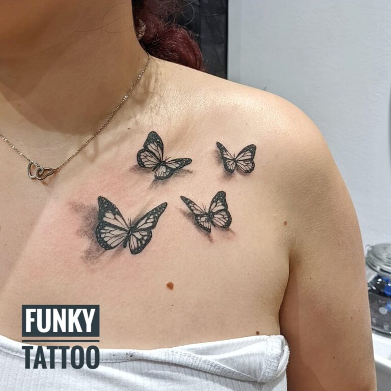 Tatuaj fete tatuaje fluturi tatuaj pe piept clavicula tatuaje 3d salon tatuaje si piercing Funky Tattoo